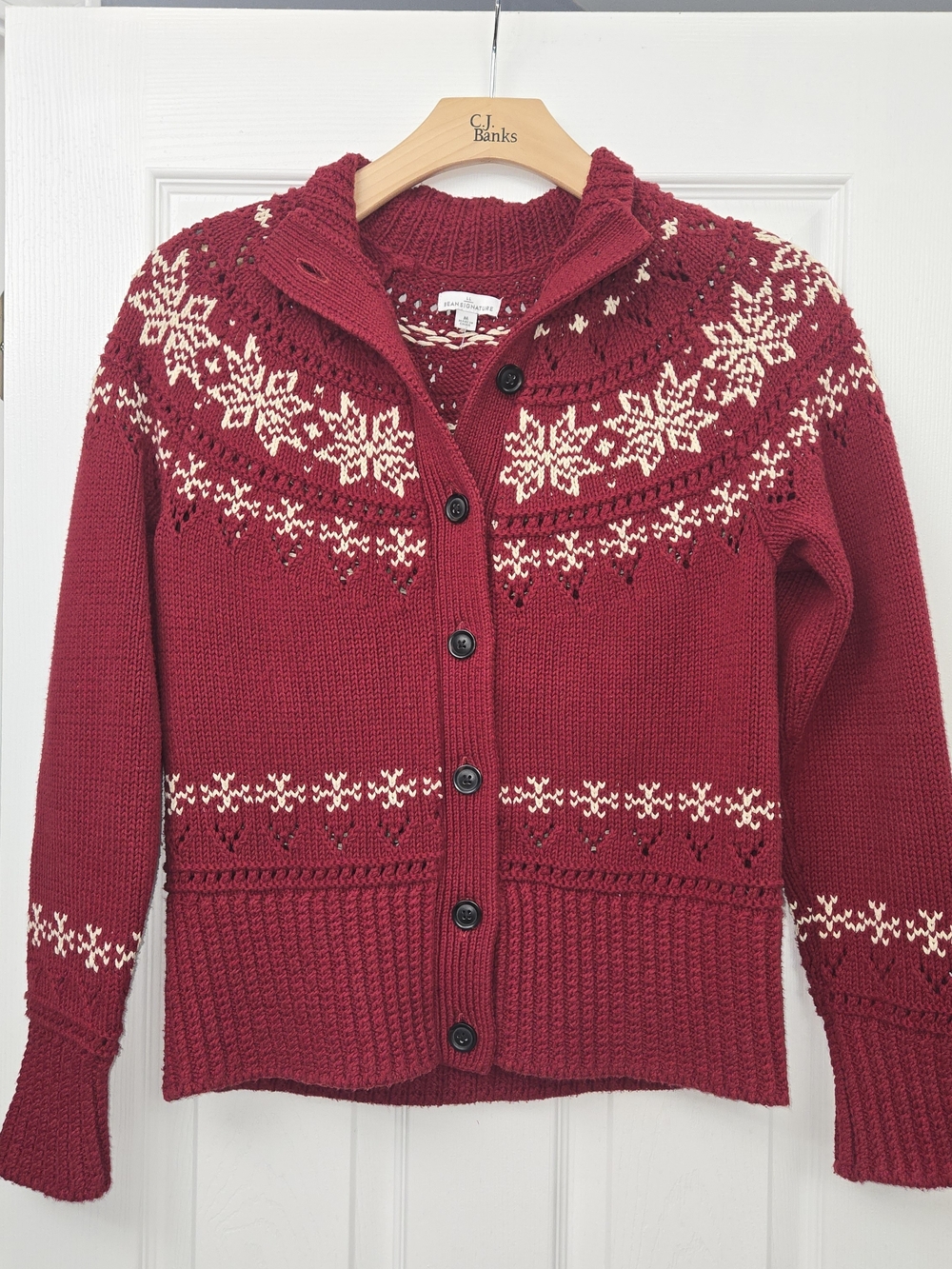 L.L. Bean Signature Red Fair Isle Snowflake Cardigan Sweater Medium Cozy Nordic